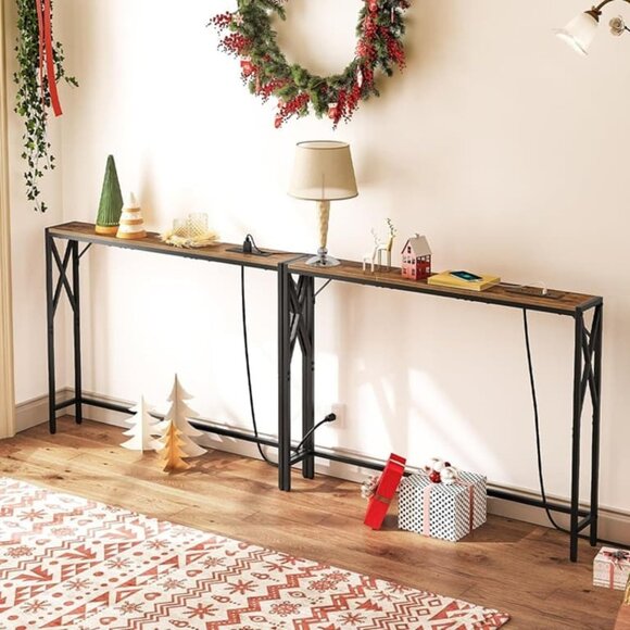 NEW 2 Pack Narrow Sofa Table with Charging Station, 39.4" Lx5.9" Wx29" H, Skinny